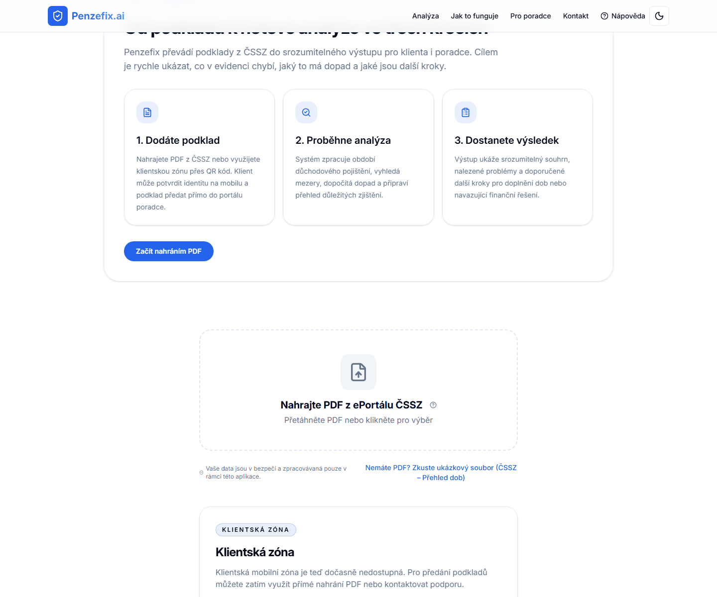 Animace ručního nahrání PDF a přechodu do výsledku v Penzefix.ai.
